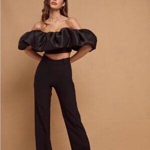 Olivaceous organza Black Ruffled Off-Shoulder Crop Top